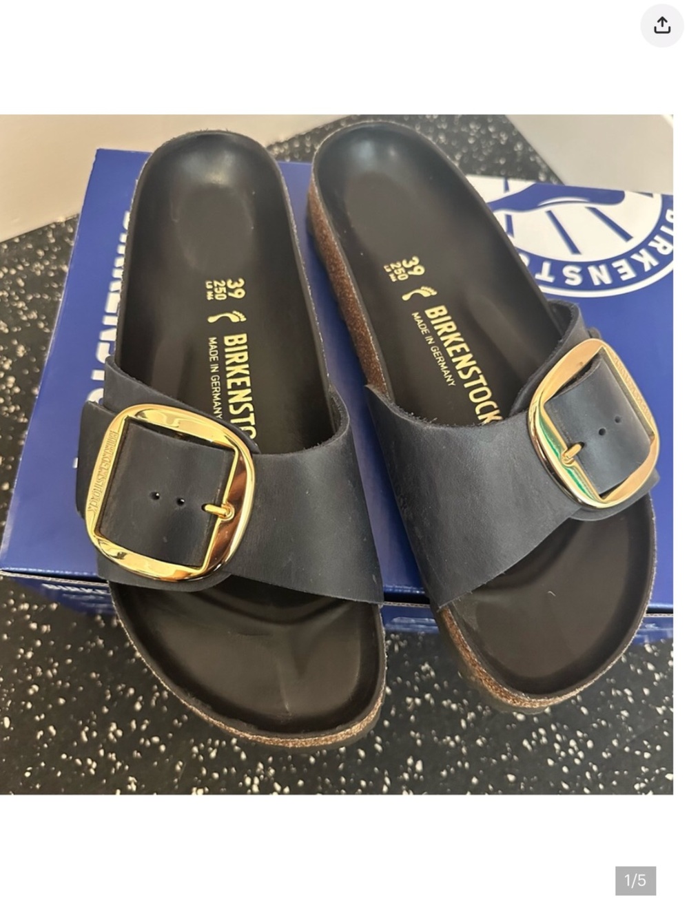Birkenstock Navy Madrid Slides with Gold Buckles